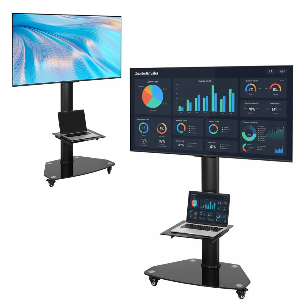 Rolling TV Stand On Wheels for 37-70 Inch Flat Screen TVs Mobile TV Cart Height Adjustable Floor with Shelf/Tray Up To 88 Lbs