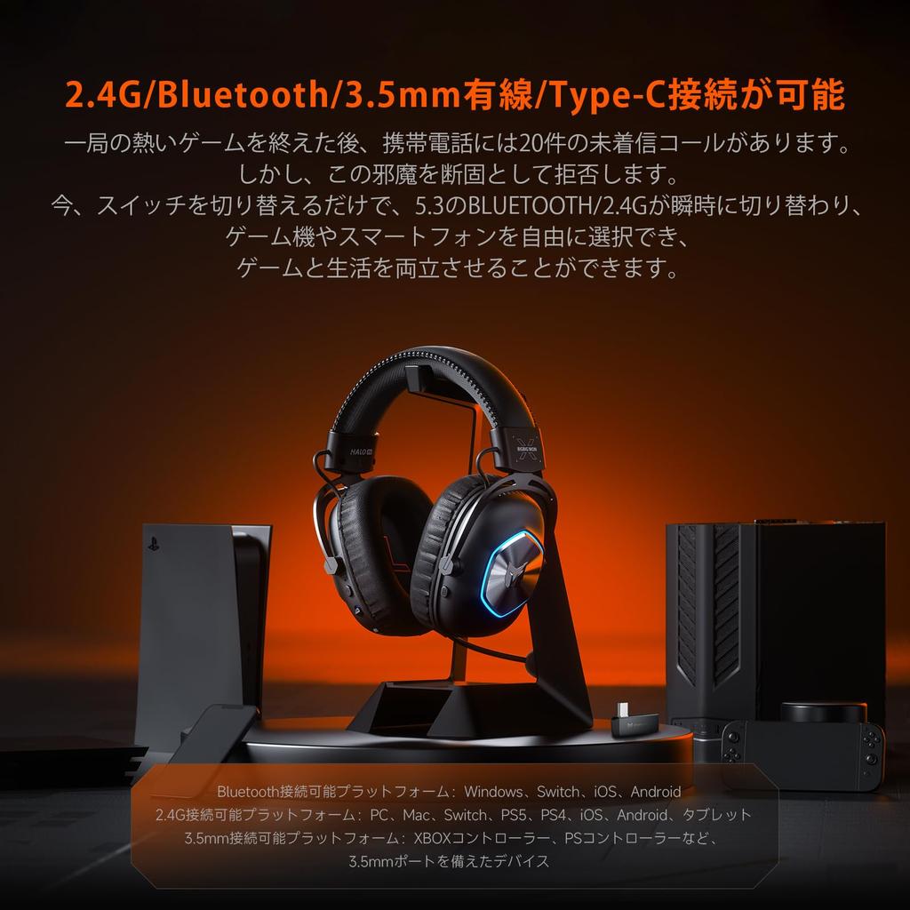 BIGBIG WON HALO PRO BIGBIG WON Wireless Gaming Headset with Noise 3D Low and Boom Microphone Earphones, 2.4G/Bluetooth/3.5mm Wired/Type-C Connection,