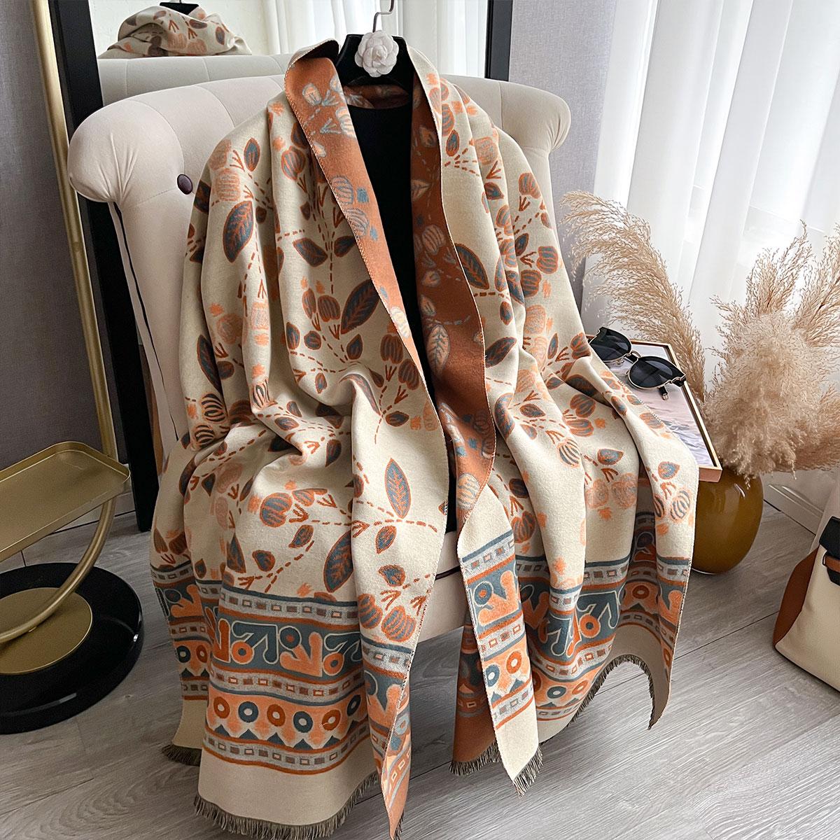 

Роскошный женский двусторонний геометрический кашемировый шарф с опавшими листьями, мягкая теплая шаль, зимнее уличное непродуваемое одеяло, защищающее от холода