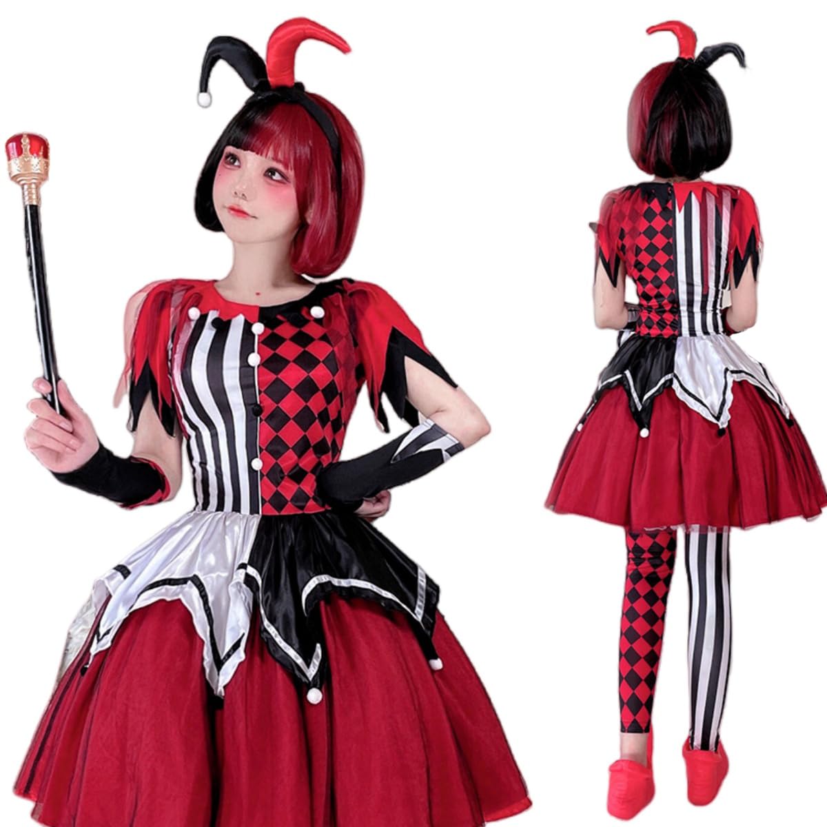 

JUNDOMECY Clown Cosplay Magician Costume for Adult Cute and Funny Clown Plus Red and Black Clown Costume for School Cultural and Stage Performances