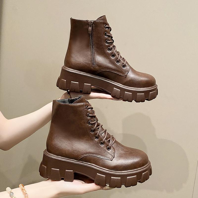 Fashion 2025 Autumn and Winter New British Style Round Toe Platform Women's Flat Mid-Cylinder Soft-Sole Boots