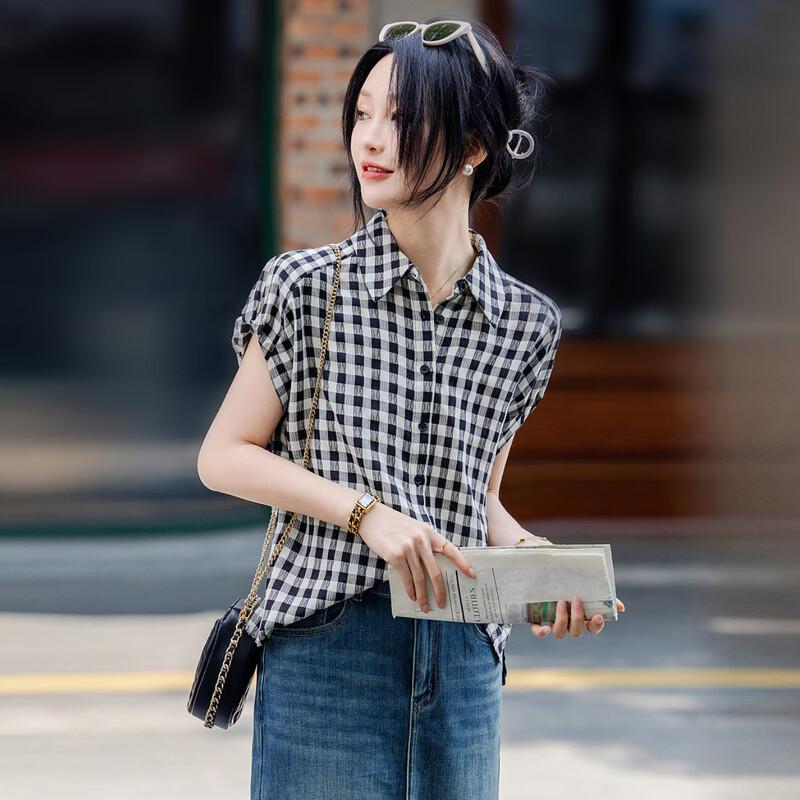 

French Retro Plaid Dropped Shoulder Pleated Blouse S