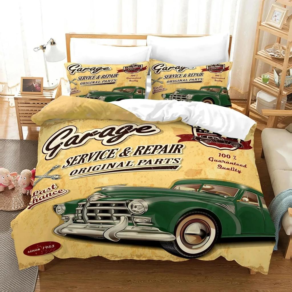 Cars Duvet Cover Traditional Old Car Race Nostalgic American Car Bedding Set Classic Cars Polyester Quilt Cover For Boys Teens
