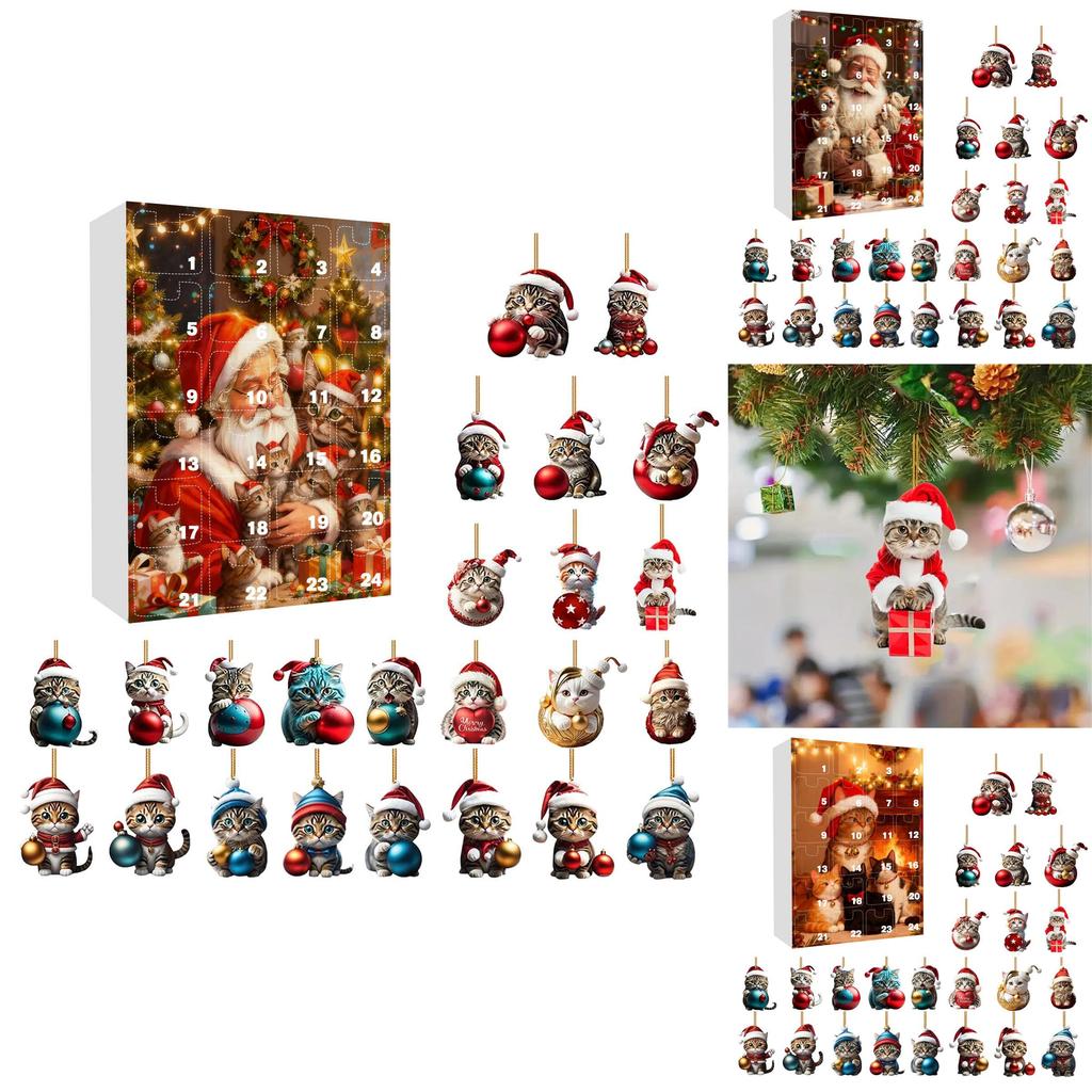 Christmas Countdown Calendar With Cute Cat Acrylic Hanging Ornaments For Holiday Decor