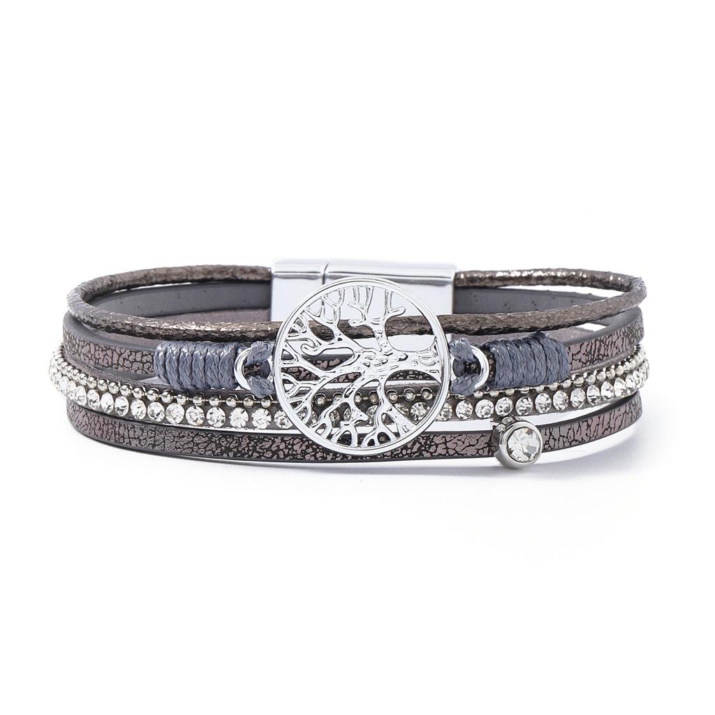 Bohemian Cabala Alloy Tree Life PU Leather Silver Plating Women's Charm Jewelry Dainty Magnet Clasp Wristband Gift