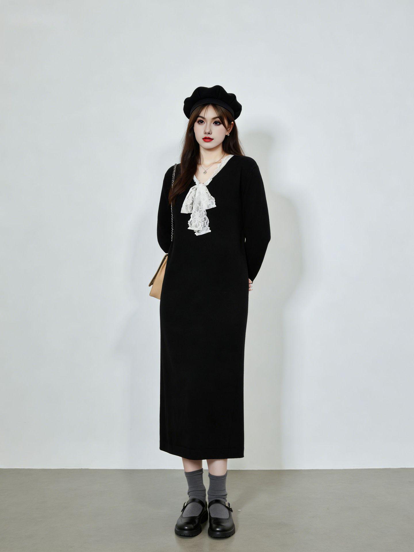 

Free Shipping: Plus Size V-neck Tie-Up Lace Knit Dress, Women s Winter 2025 Style, Loose Wool Design XXXL (180-220 lbs)
