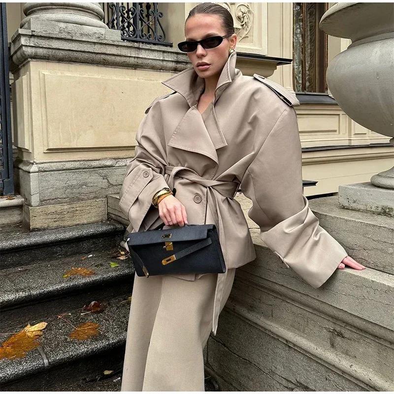 Solid Laepl Lace Up Trench Coat Women Fashion Full Sleeve Waist Cinching Short Windbreak Autumn Office Commute Outwear