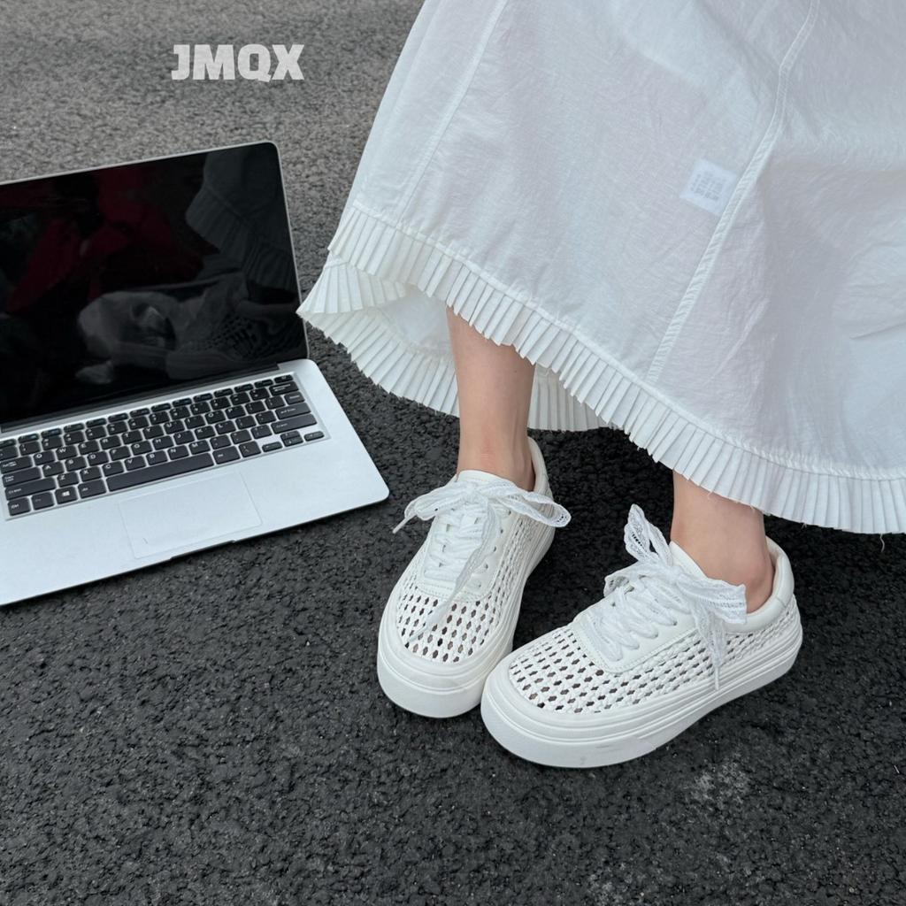2025 summer new woven hollow through mesh platform casual board shoes women's shoes lace-up sports shoes versatile breathable tide