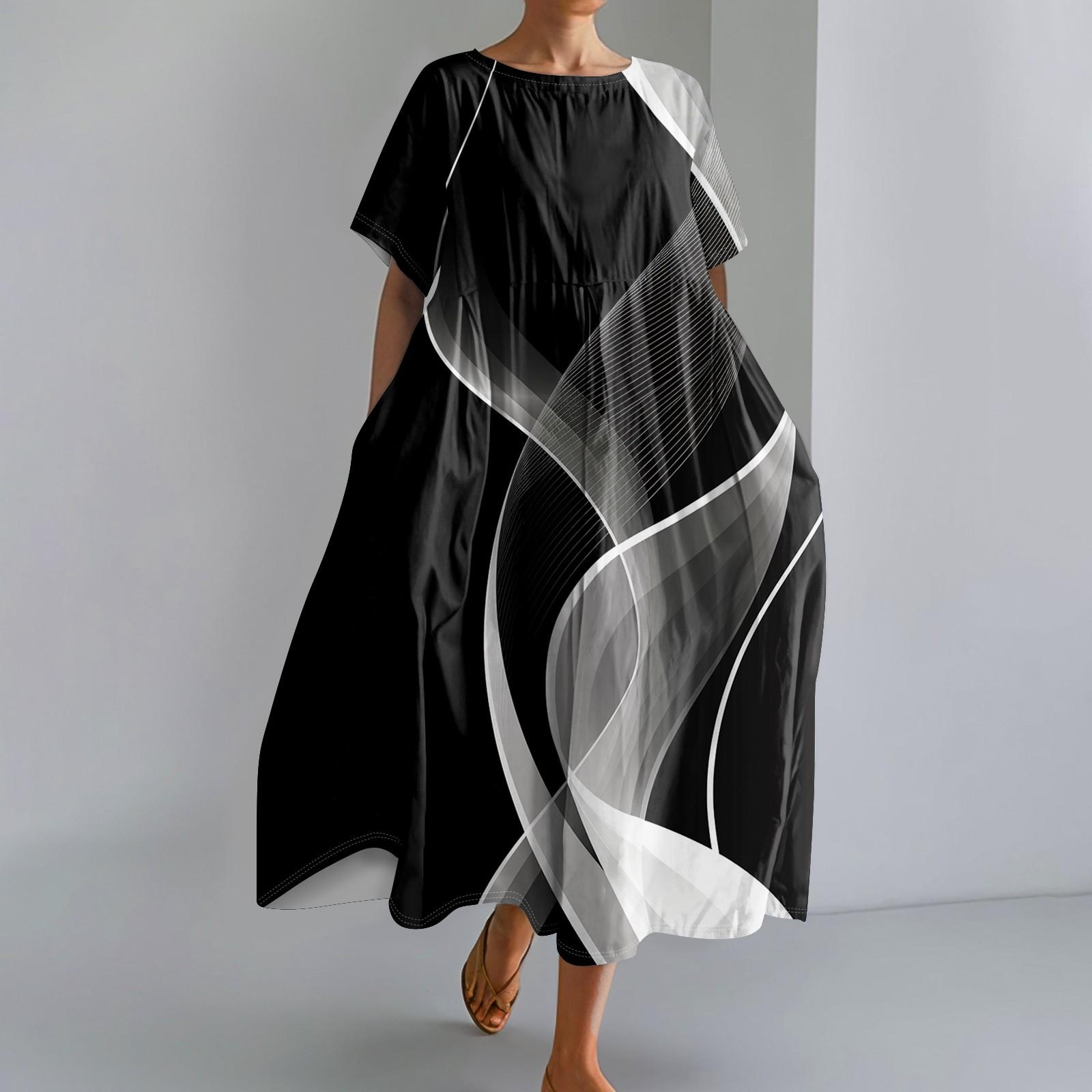 

Женское модное платье с карманом и круглым вырезом с короткими рукавами и принтом XXL чёрный