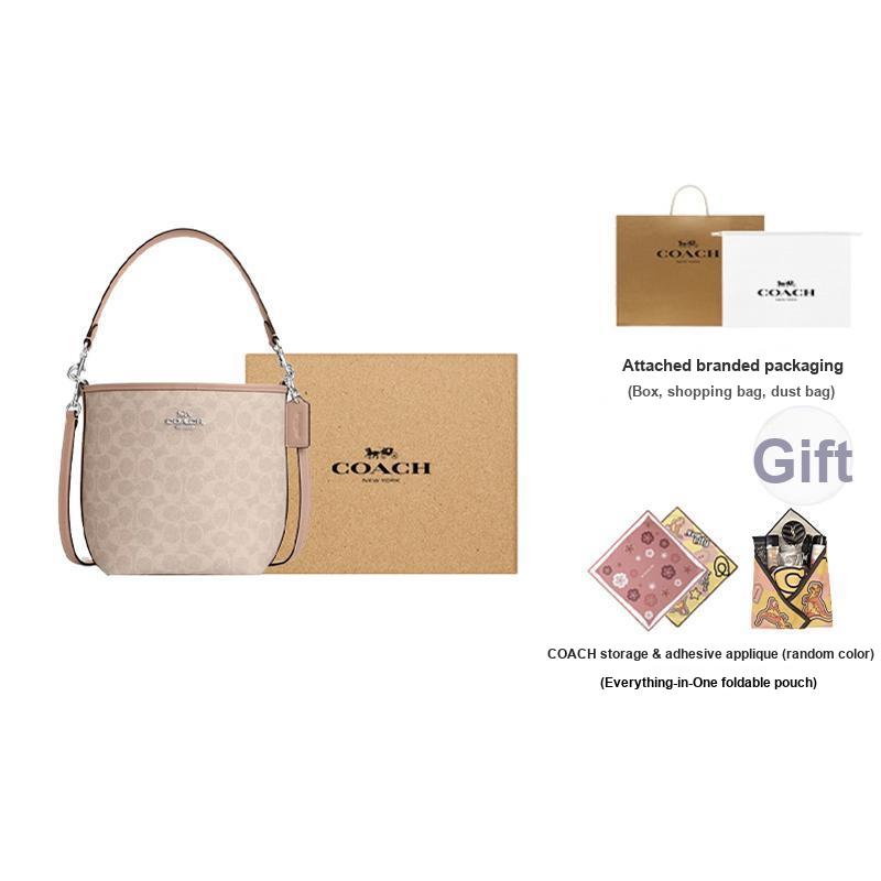 Coach City Bucket 17 Monogram Metal Logo Signature Coated Canvas Tote Shoulder Bag Small Women Bags Beige CT800-SVPWH