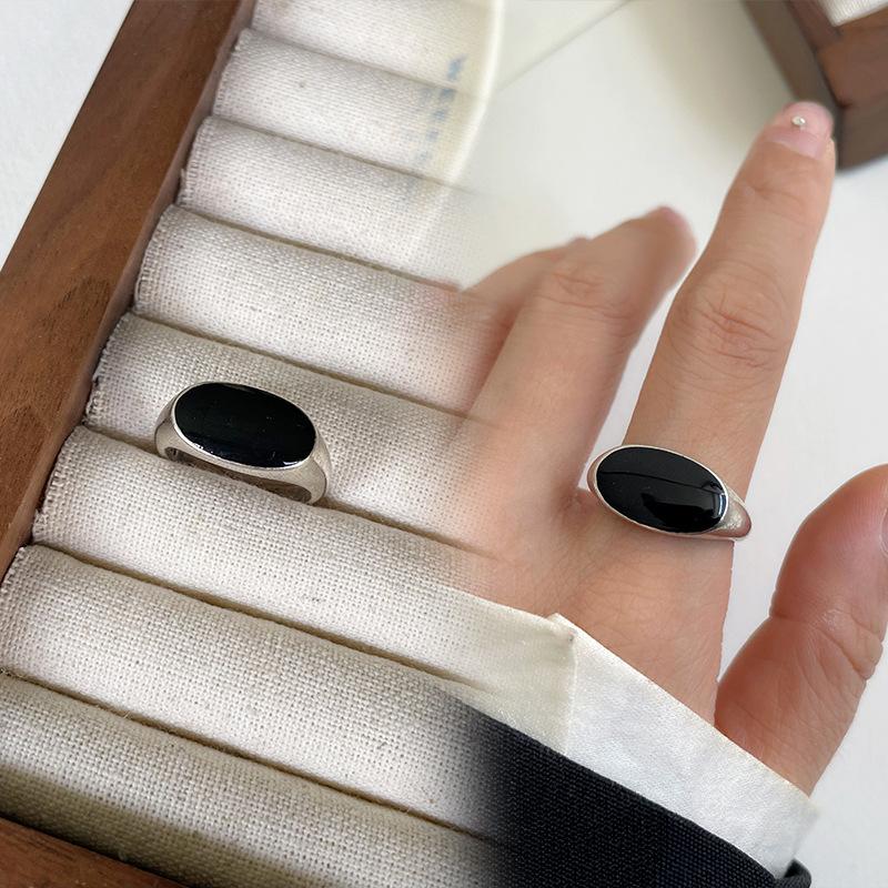 Black Drip Glaze Retro Thai Silver Jewelry Women's Non-fading High-end Open Ring