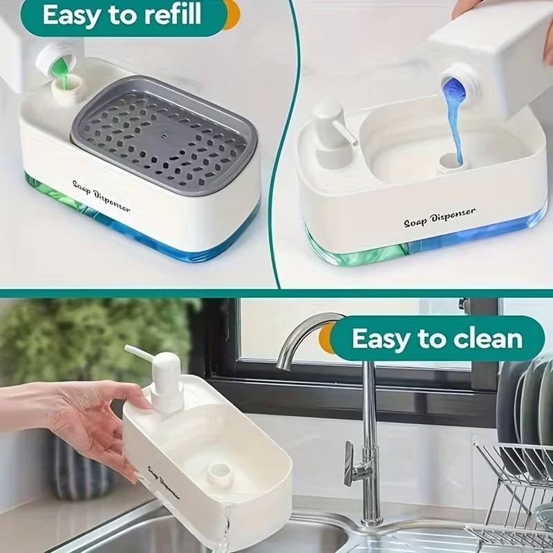 1-in-1 Hand and Dish Soap Dispenser Set with Sponge Holder Dual Countertop Kitchen Sink Soap Pump Organizer