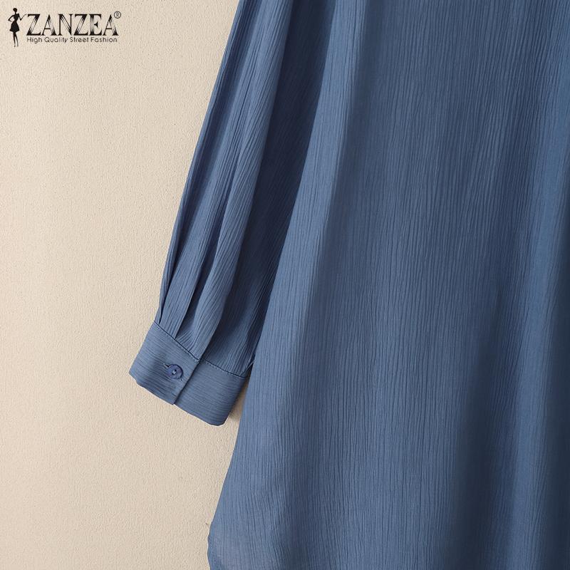 ZANZEA Dame Casual Rund Hals Ensfarget Løs Langermet Bluse