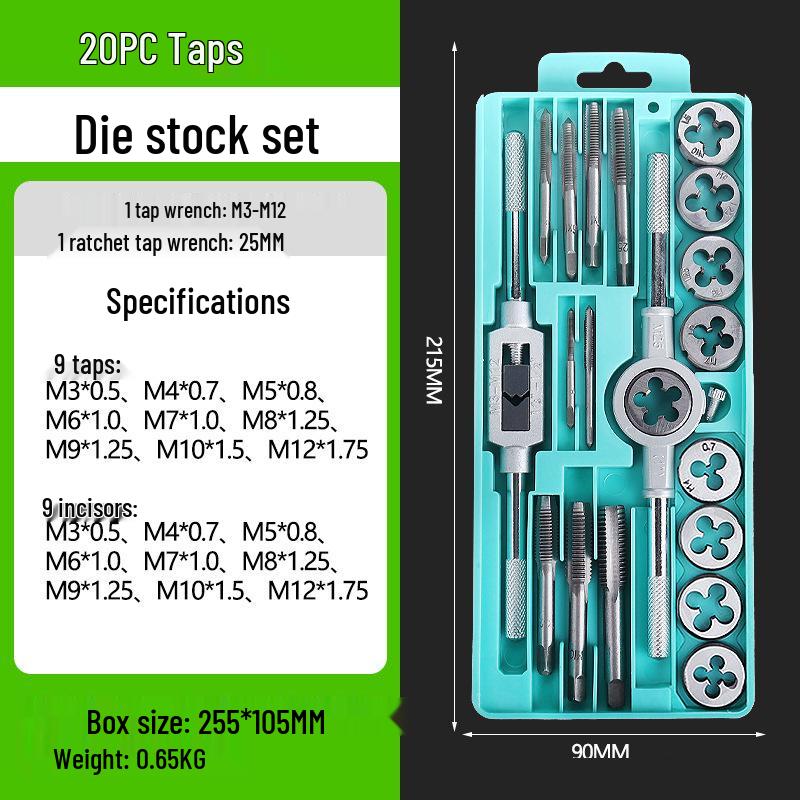 Complete Metric & Imperial Taper Tap and Die Set with Wrench & Round Die Holder