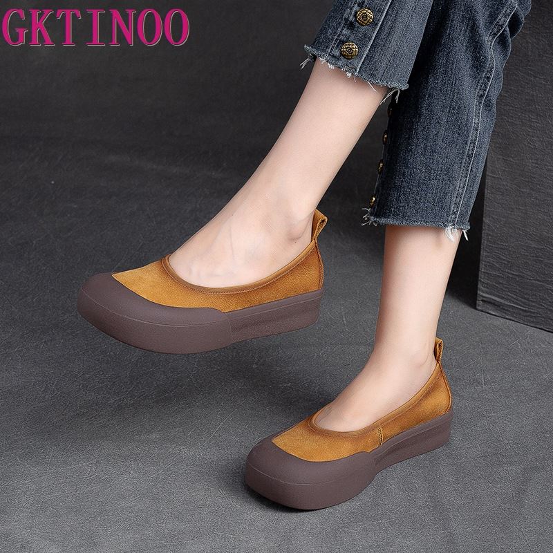 Fashion GKTINOO New Design Literary Style Women Flat Platform Shoes Slip-On Loafers Genuine Cow Leather Shallow Handmade Retro Shoes