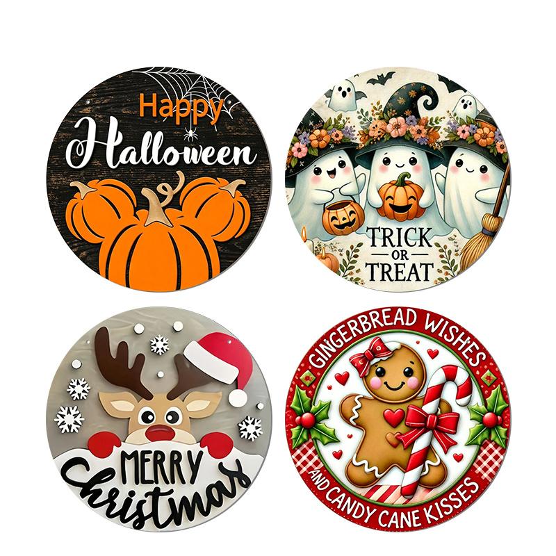 2D Flat, 4pcs Round Aluminum Hanging Sign Set, Halloween Christmas Dual Holiday Pumpkin Ghost Reindeer Gingerbread Man Print, Metal Plaque Combo for