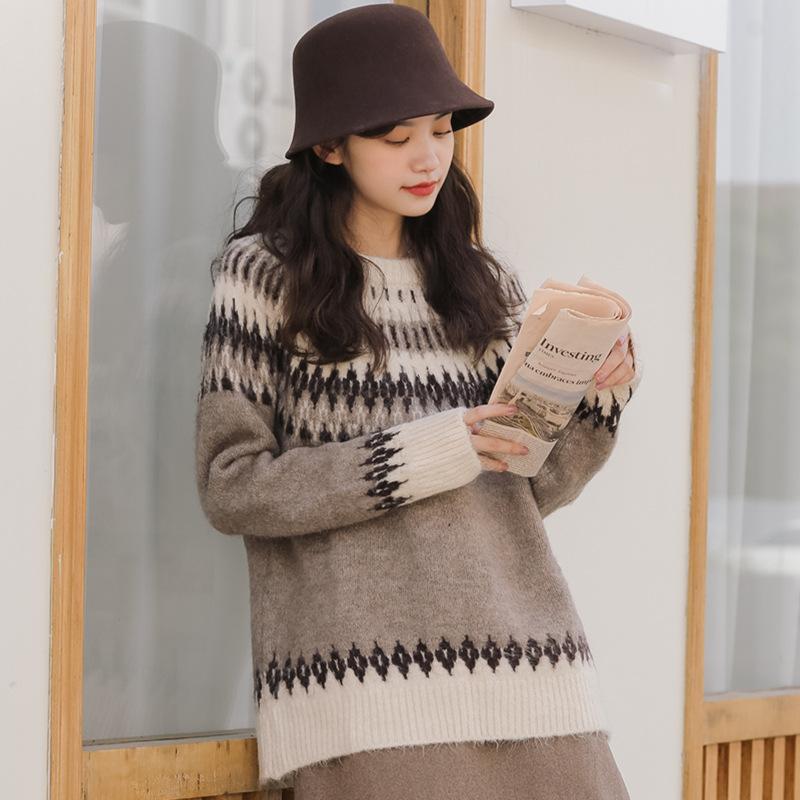 

Вязаные свитера, пуловеры, женские весенне-осенние топы с длинными рукавами и контрастными топами в стиле ретро, ​​ромб, один размер