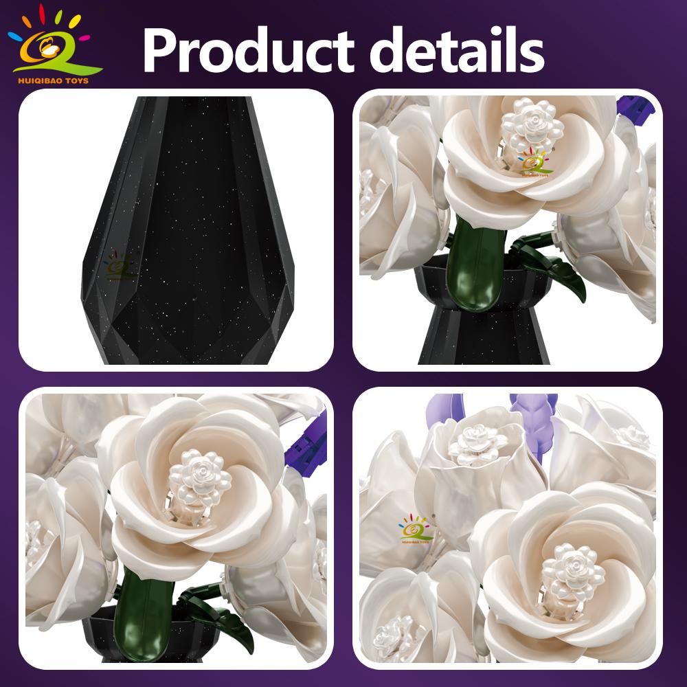 Schwarz Weiß Rose Tulpe MOC Blumenmodell Bausteine 3D Blumenstrauß Steine Spielzeug Heimdeko Valentinstagsgeschenk für Mädchen