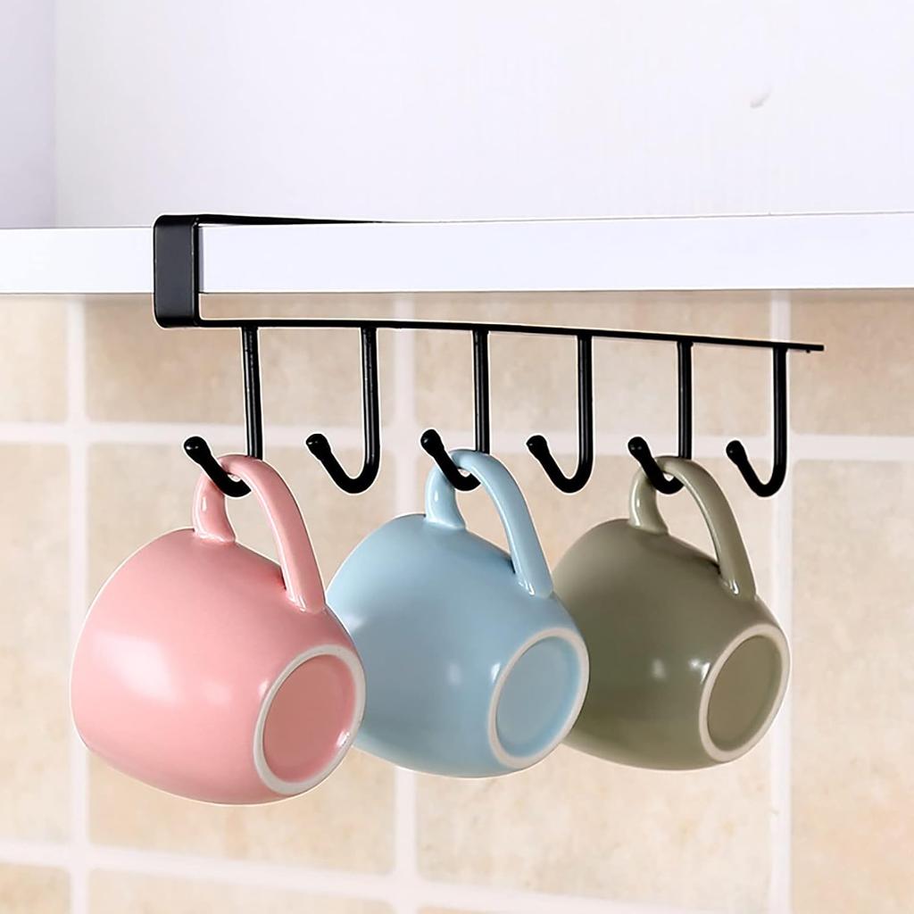 1 Pack Hanging Hooks Rack Under Cupboard Cabinet Cup Holder 6 Hooks Drilling Free Coffee Mug Holder Kitchen Utensil Storage Organizer Hook Rack
