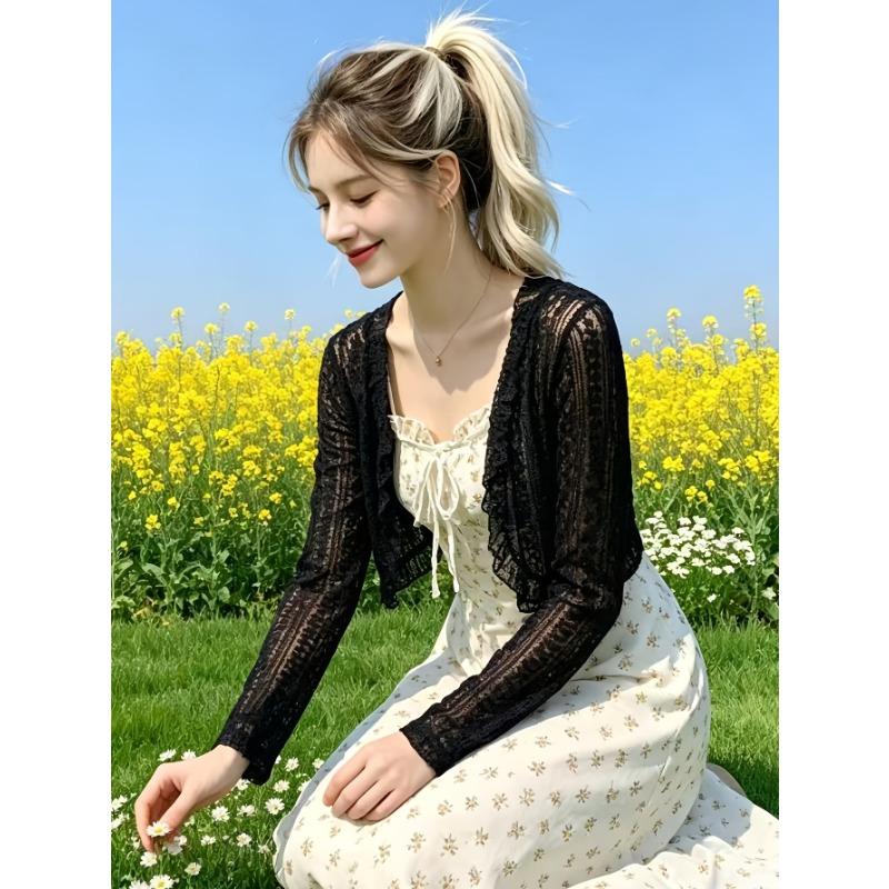 Women's Cardigan Jacket, Summer Lightweight Breathable Lace Tie Shawl, Fashionable Versatile Short Cardigan Jacket, Outerwear for Slip Dresses
