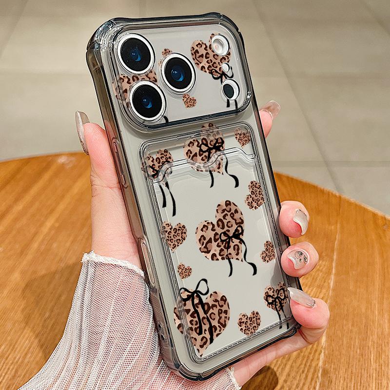 Card Slot Pocket TPU Case For iPhone 17 Pro Air 16e 16 15 14 13 Pro Max 12 11 Leopard Print Love Heart Pattern Soft Phone Cover