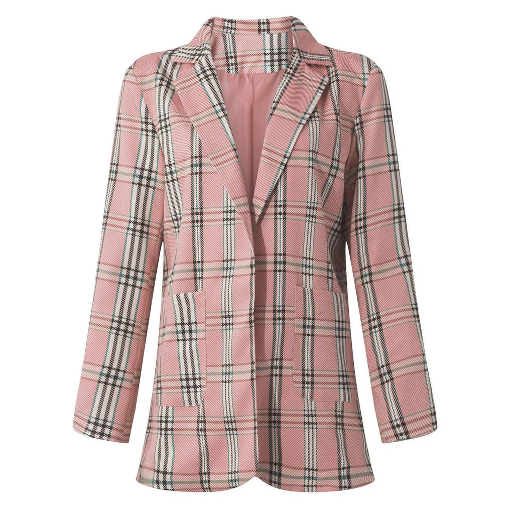 Women Lattice Open Front Pockets Cardigan Formal Suit Long Sleeve Blouse Coat