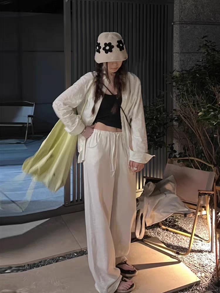 Women's Spring 2026 Ramie Cotton-Linen Wide-Leg Pants with Elastic Waist and Drawstring – Old Money Style, Relaxed Fit