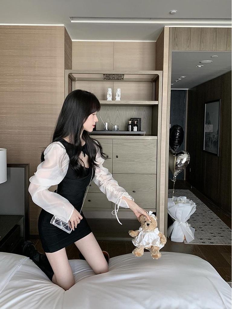 Women's Spicy Lace-up Puff Sleeve Patchwork Dress - Spring/Autumn Slim Fit Short Skirt