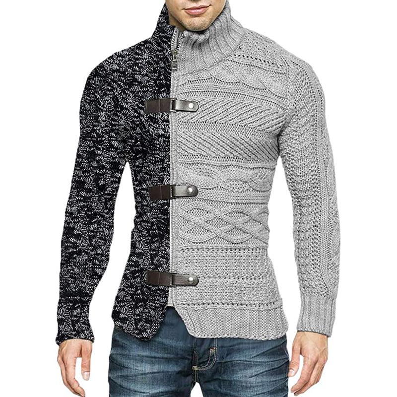 Men's Plus Size Color Block Buckle Knit Cardigan - High-Neck Long Sleeve Sweater for Autumn/Winter