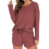 Damen Waffelstrick Pyjama Set Lässiges Langarm Oberteil und Shorts Nachtwäsche 2-teiliges Pjs Lounge Set mit Taschen