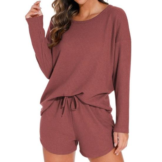 Damen Waffelstrick Pyjama Set Lässiges Langarm Oberteil und Shorts Nachtwäsche 2-teiliges Pjs Lounge Set mit Taschen