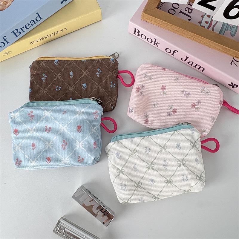 New Corduroy Floral Coin Wallet Women Portable Lipstick Makeup Bag Children's Cute Coin Purse Small Wallet Large Capacity ID Bag