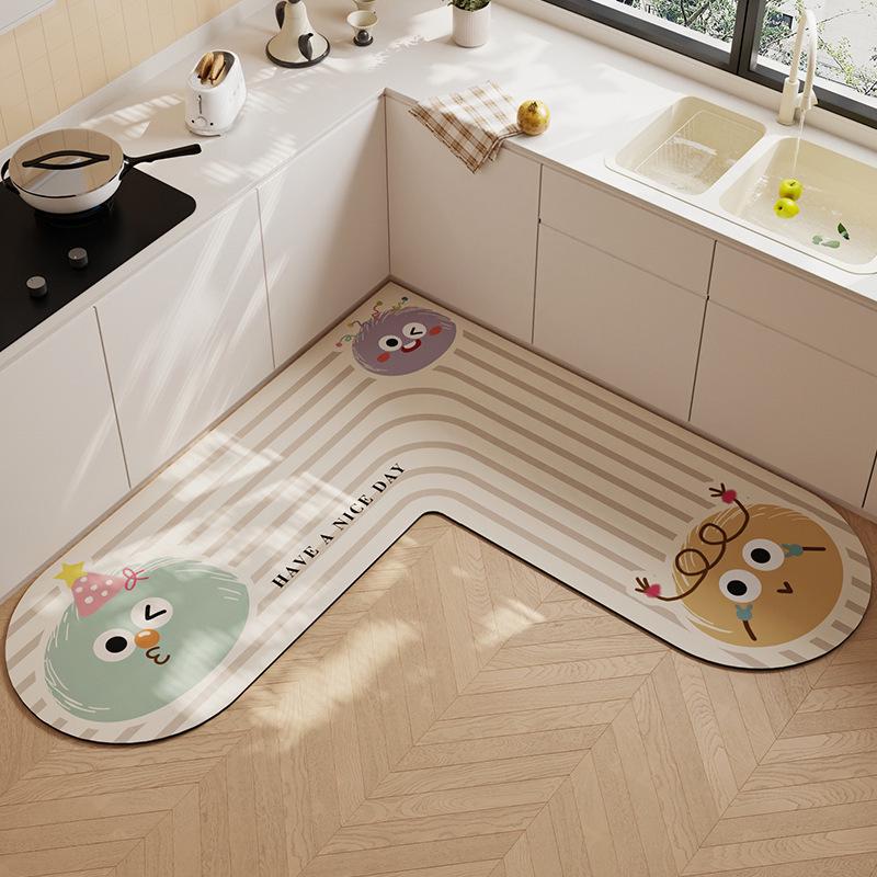 L-Shaped Non-Slip Diatomaceous Kitchen Floor Mat - Cartoon Design, Wear-Resistant, Easy To Clean, Water Absorbent.