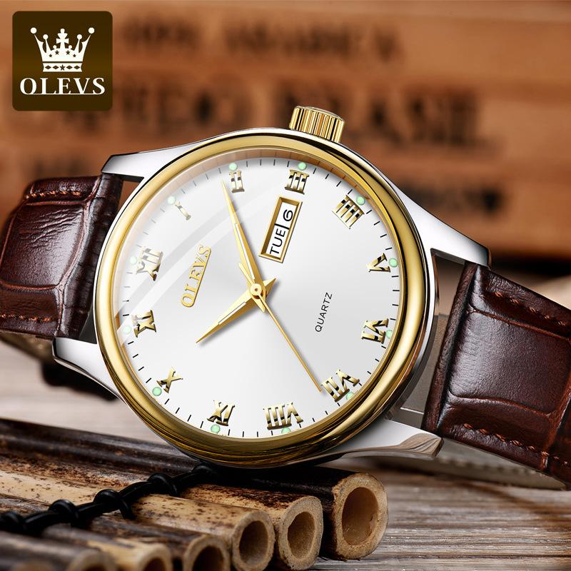 OLEVS 5568 With Gift Box Double Calendar Leather Band Men'S Watch Belt Ladies Watch