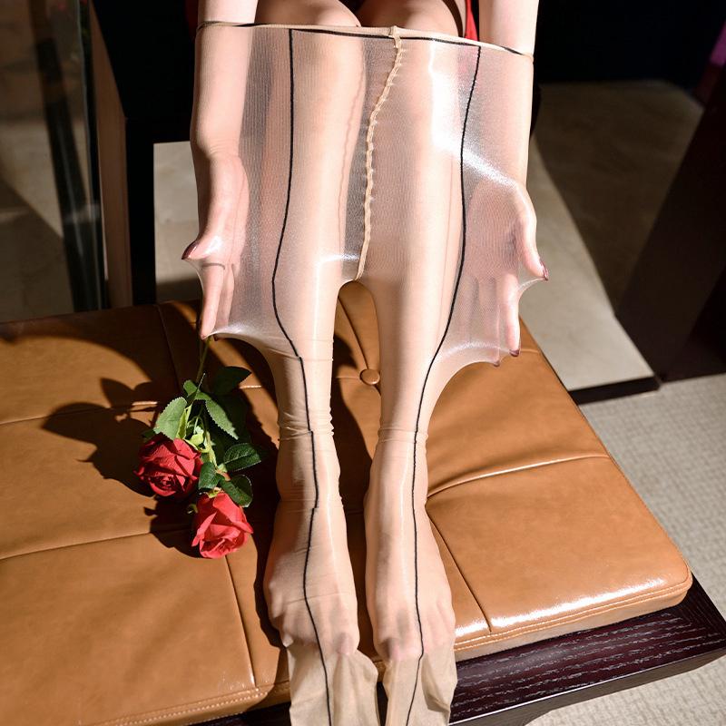 Ultra Thin Shiny Tight Stockings Women's High Waisted Black Vertical Silk Sexy Long Stockings Glossy Transparent Pantyhose