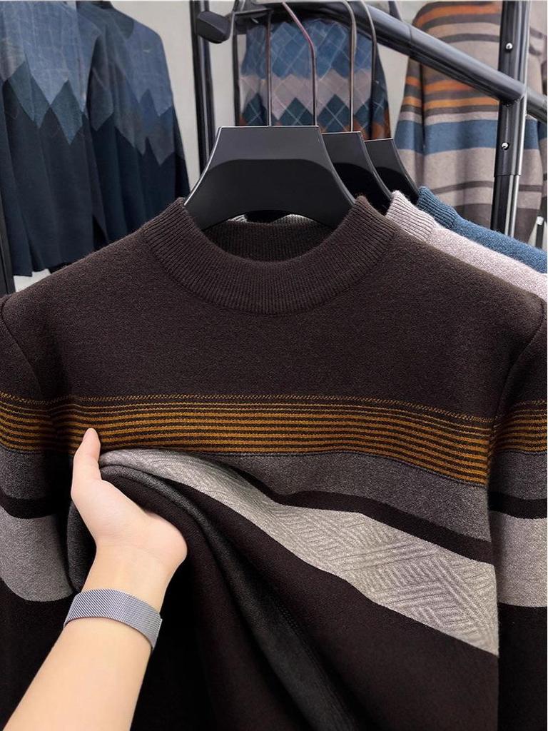 Men's Winter Striped Color Block Half-High Collar Fashion Knit Sweater