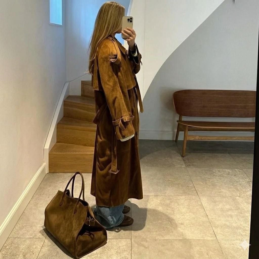 Women's Brown Handmade Trench Coat Party Genuine Casual Suede Lambskin Leather