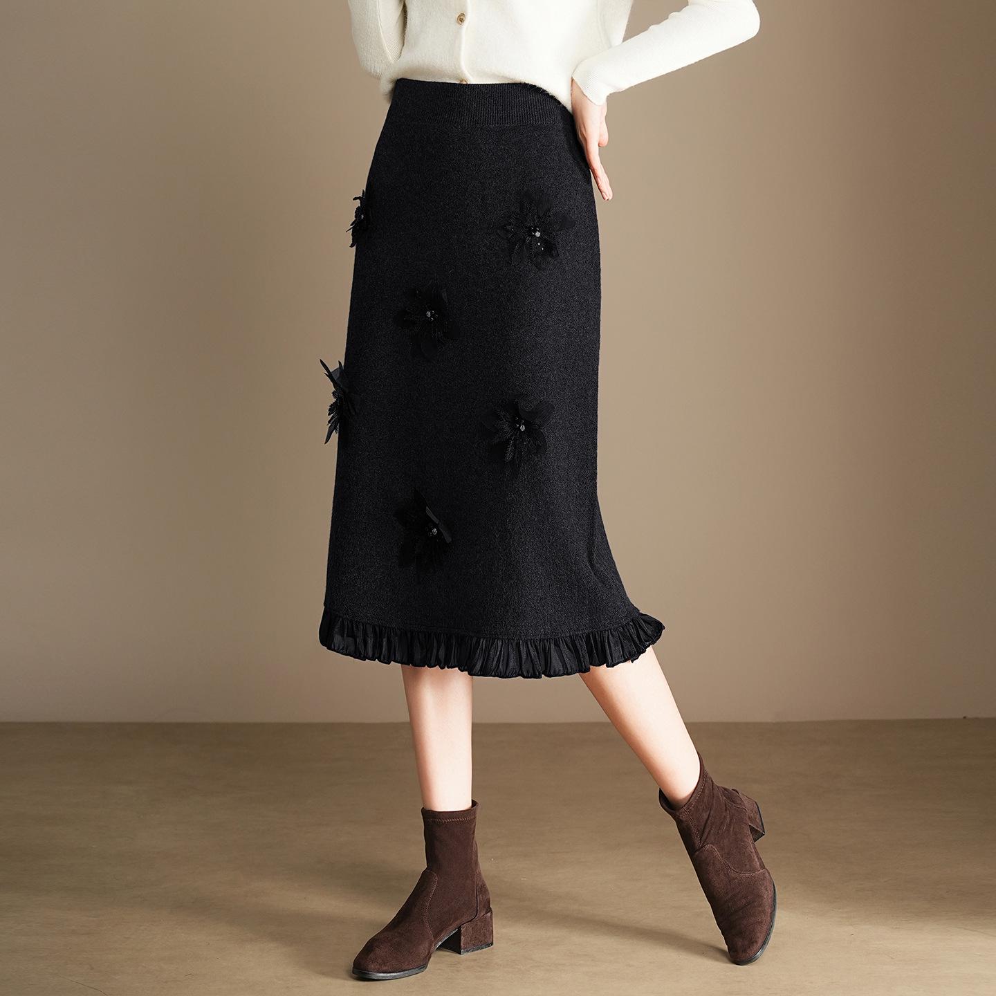 

Women s 3D Flower Knit High-Waist Pencil Skirt (Slimming, Mid-Length, Wool, 2026) One Size чёрный