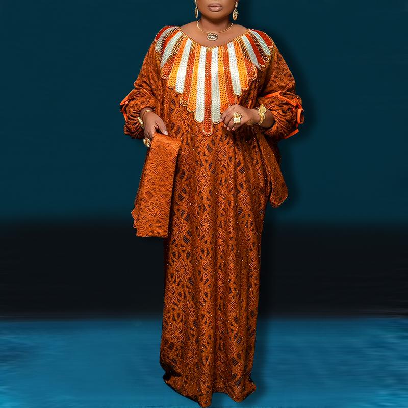 Women Plus Size Round Neck Long Sleeve Printed Loose Long Dresses