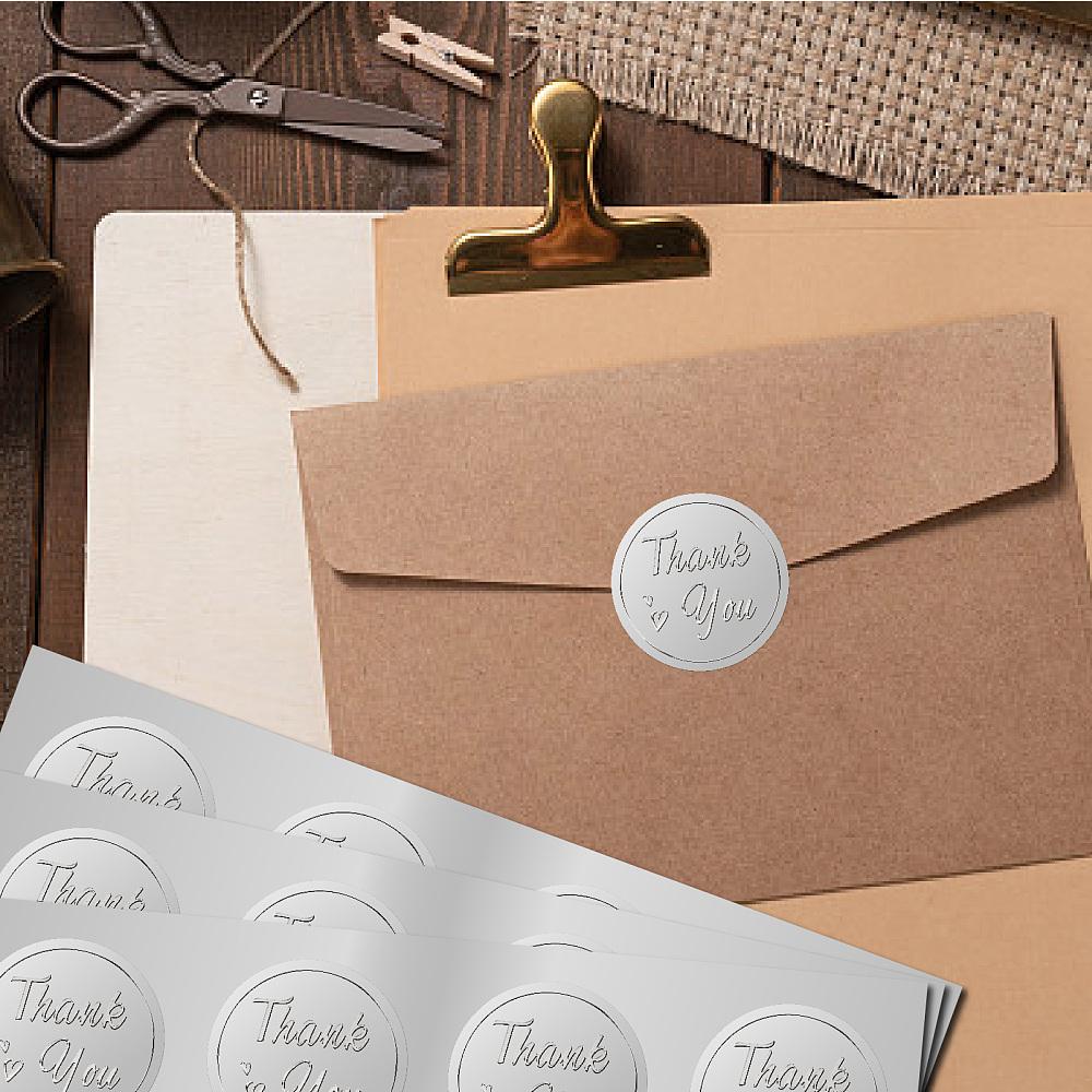 Round Plastic Silver Foil Embossed Picture Stickers Thank You Self Adhesive Award Certificate Seals Stamp Seal Stickers Heart 38mm 4pcs/sheet