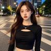 Chic Black Hollow-Out Long-Sleeve Top for Spring & Autumn – Trendy, Sexy, Versatile Women's Shirt