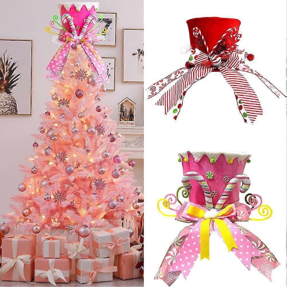 Festival Tree Topper - Xmastree Top Hat With Candy Cane And Striped Bow Ribbon