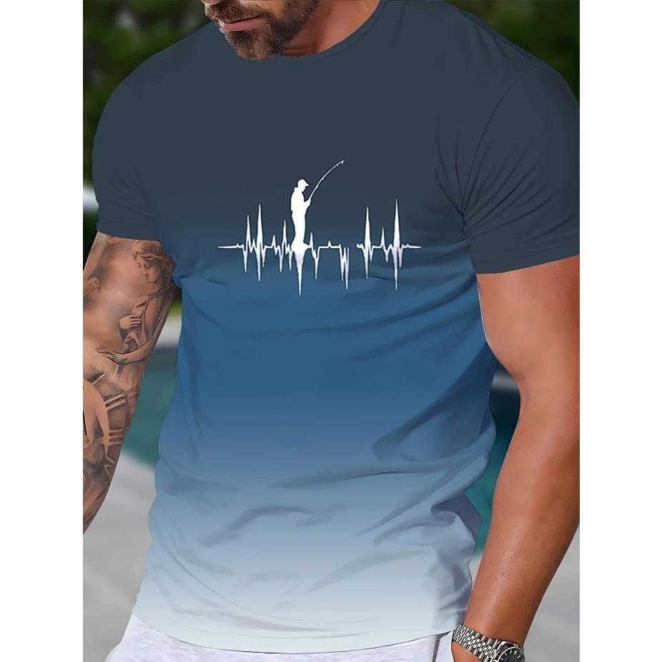 Vibrant Style| Big & Tall Men's Gradient Fishing Graphic Tee - Casual Polyester Short Sleeve, Summer Print with Heartbeat Fishing Gear, PLUS SIZE
