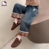 Hello Kitty Children's Autumn Jeans with 2025 Hem Plaid Patchwork Design for Girls