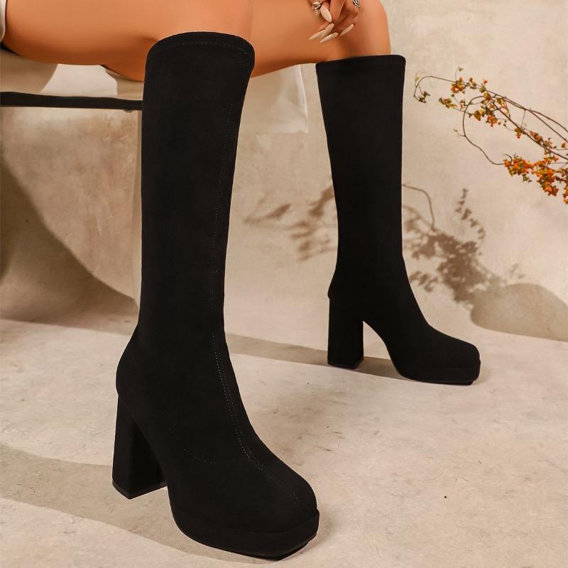 Winter Street Style Stretch Slim Knee-High Women Boots Sexy Thick High Heels Shoes Female Vintage Long Booties  De Muje
