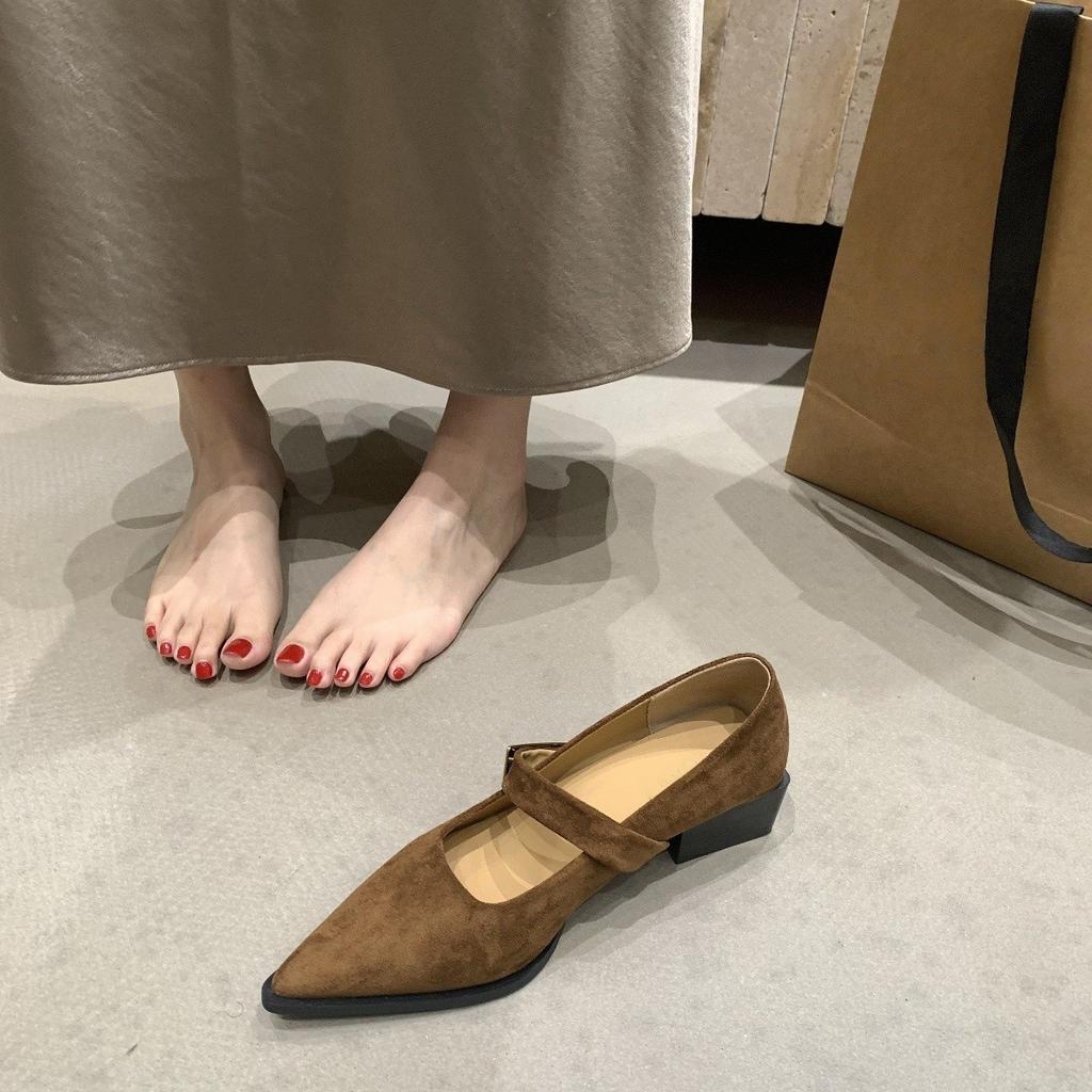 Pointed Head Shallow Mouth Mary Jane Shoes Autumn Shoes One-word Strap with Skirt Thick Heel Single Shoes