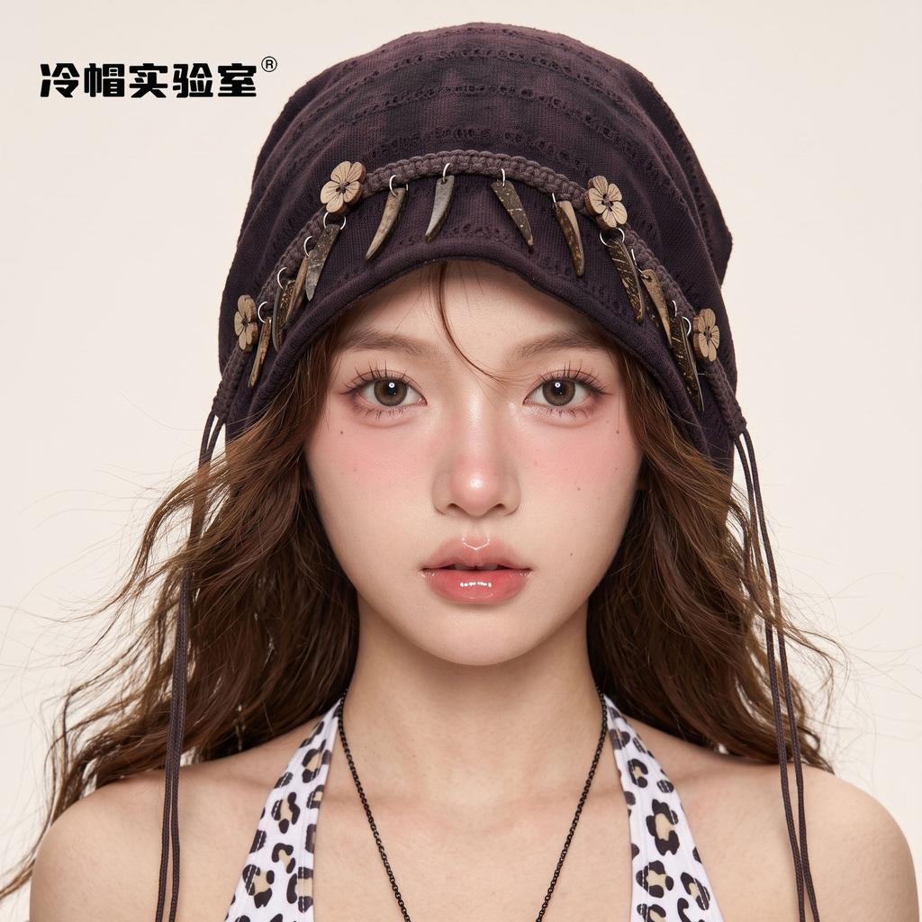 Cold Hat Lab - Retro Striped Puppy Printing Pile Hat Female Spring and Summer Face Small Advanced Sense Versatile