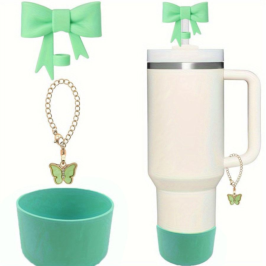 3Pcs Bow Straw Cap Covers Toppers Accessories for Stanley 30&40 Cups Silicone Boot Butterfly Charm Chain for Tumbler with Handle