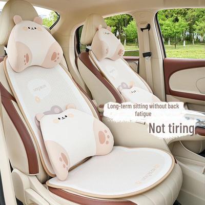 Summer Ice Silk Memory Foam Car Pillow - 3D Bear Headrest Neck Support with Waist Cushion.