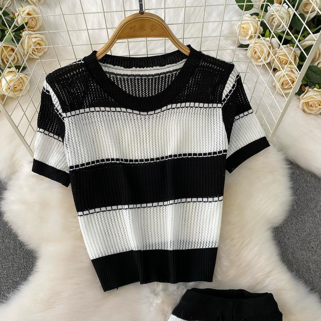 Summer Women Chic Striped Knitted Sweater Trouser Two Piece Set Short Sleeve Pullover Tops and Wide Leg Pant Suit